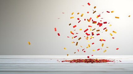 Colorful confetti falling on a wooden surface