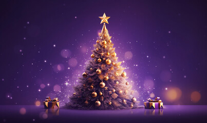 Golden and silver lights with christmas tree on violet background. Bright decoration for merry xmas greeting message. Elegant holiday season social post digital card.
