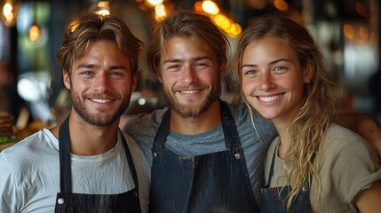 Fototapeta premium A cheerful group of three young adults smiles in a cozy setting, showcasing camaraderie and a warm ambiance.