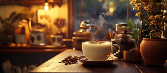 Rich, creamy chai tea with spices, cozy tea shop ambiance, 
