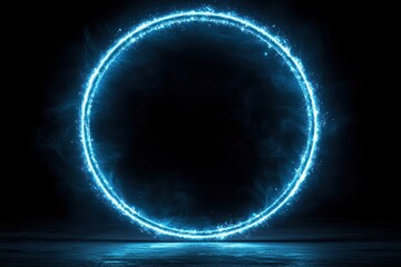 Glowing Blue Circular Light with Smoke and Reflection on Dark Surface