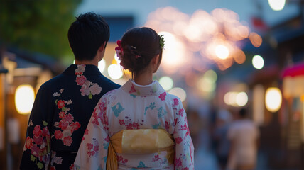 浴衣姿のカップルが花火を鑑賞する夏の夜