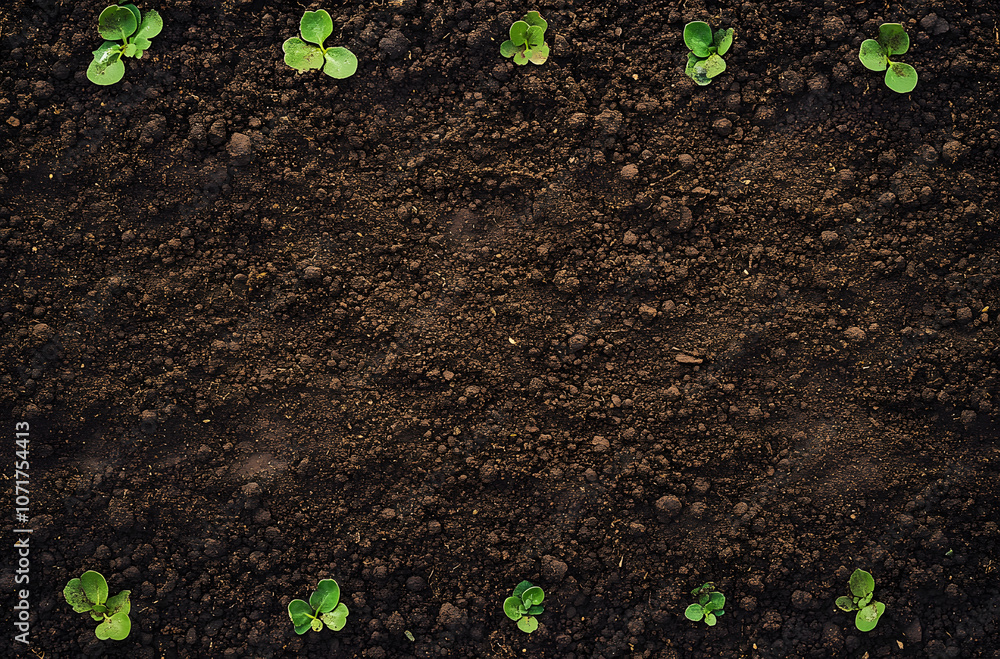 Wall mural fertile soil texture background seen from above, top view. gardening or planting concept with copy s