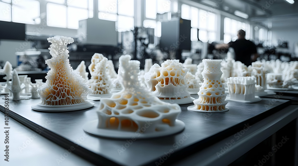 Poster 3d printed abstract structures on table