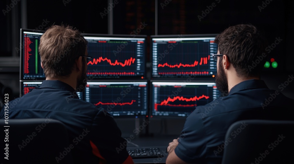 Aufkleber stock market analysis two traders analyzing financial data on multiple monitors