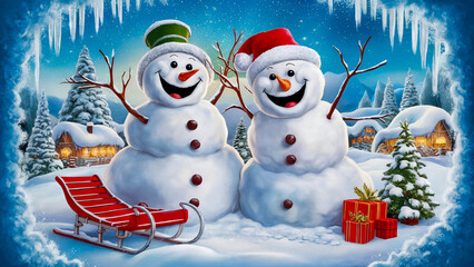 Obraz premium snowman and christmas tree