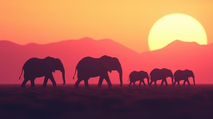 Fototapeta premium African Elephant Herd Silhouette at Sunset Savannah Landscape Wildlife Photography