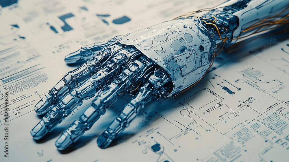 Poster detailed close up of robotic hand showcasing intricate mechanical joints and components, set against