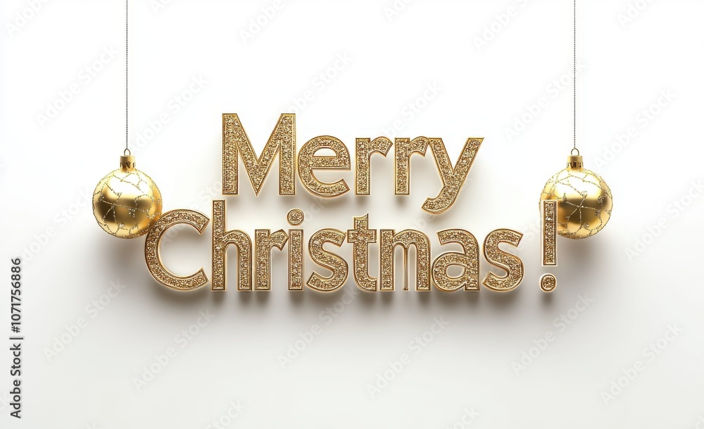 Poster merry christmas! 3d text hanging on a white background, in a golden color with an elegant font style