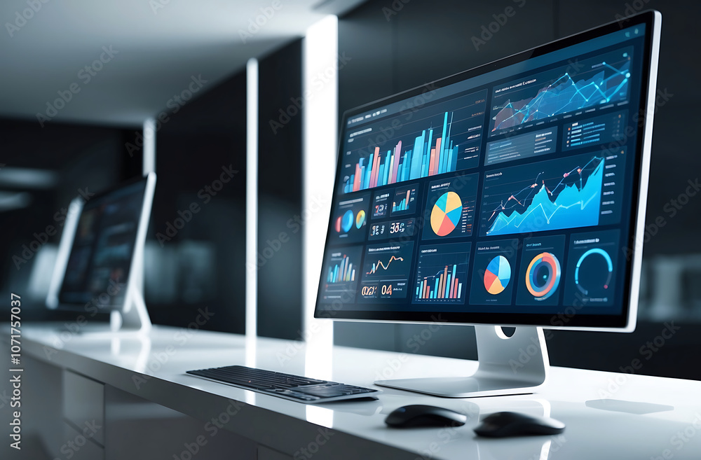 Poster digital business data interface with graphs and charts over blurred laptop background, concept of te