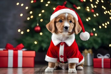A cute dog puppy celebrate christmas with gift box