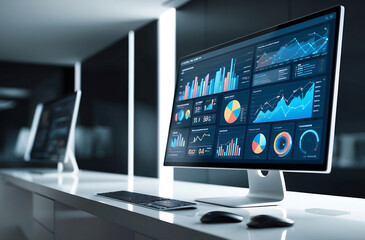 Naklejka premium Digital business data interface with graphs and charts over blurred laptop background, concept of technology and analytics.