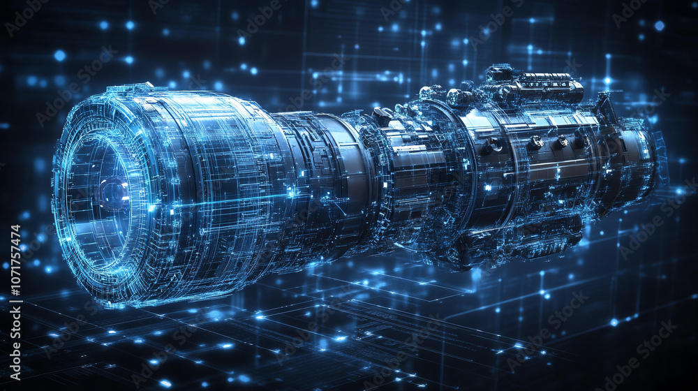 Poster high detail futuristic 3d model engine component with glowing blue elements advanced technology and 