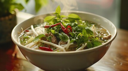 Steaming Bowl of Pho: Vietnamese Noodle Soup with Herbs and Spices