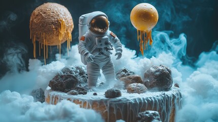 An astronaut stands on a melting planet surrounded by smoke and other melting planets.