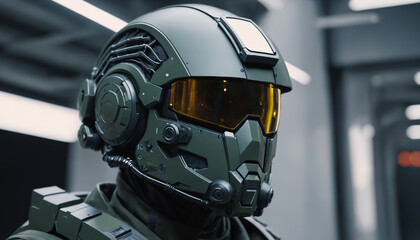 Fototapeta premium technology modern AI innovations futuristic advanced military helmet showcase close up