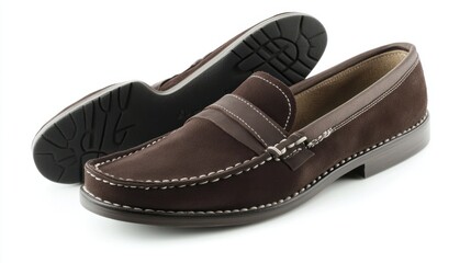 Fototapeta premium Classic loafers in dark brown suede, isolated on white, representing sophisticated fashion
