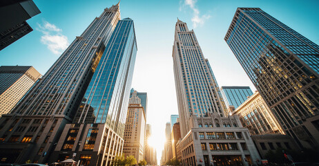 Reflective skyscraper business office buildings. Bottom up view of big modern city urban landscape. cityscape.