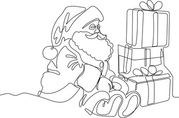 One continuous line drawing Santa Claus on reindeer and sled. concept for Christmas and New Year. vector illustration. Vector illustration