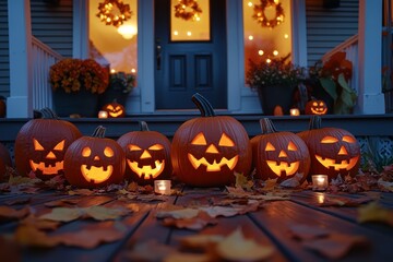 Obraz premium Carved pumpkins with glowing candles on outdoor wooden porch, surrounded by autumn leaves and soft night lights, creating a cozy Halloween atmosphere.