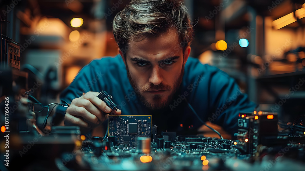 Poster focused technician working on circuit board - realistic image