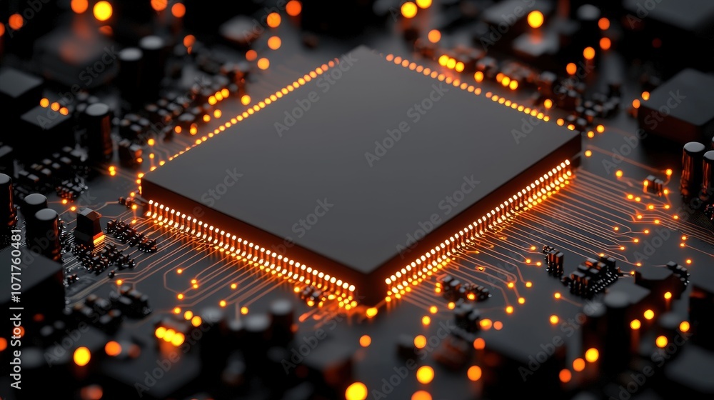 Poster illuminated circuit board with processor chip technology concept art