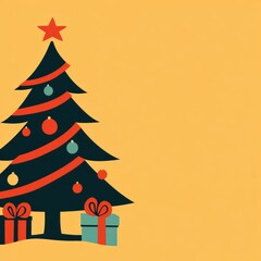Fototapeta premium A simple Christmas tree illustration with presents, ornaments and a star on top on a yellow background.