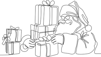 One continuous line drawing Santa Claus on reindeer and sled. concept for Christmas and New Year. vector illustration. Vector illustration
