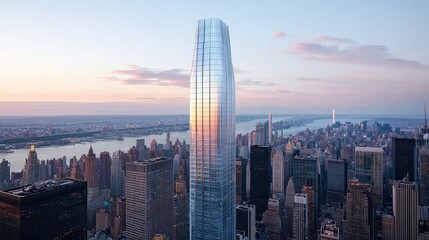 Modern Glass Skyscraper with City Skyline and River at Sunset