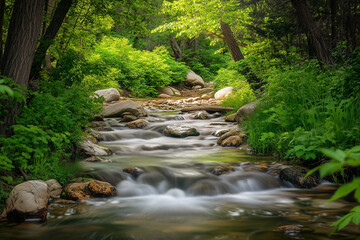 Tranquil forest stream surrounded by vibrant green foliage and smooth stones. Generative AI