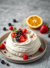 Delicious Pavlova meringue cake with fresh strawberry and whipped cream mascarpone with mint leaf