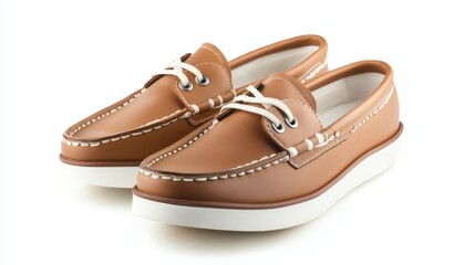 Simple tan boat shoes with white soles, isolated on a white background for a nautical theme