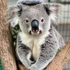Naklejka premium A cute koala wearing a beanie hat sitting on a tree branch.