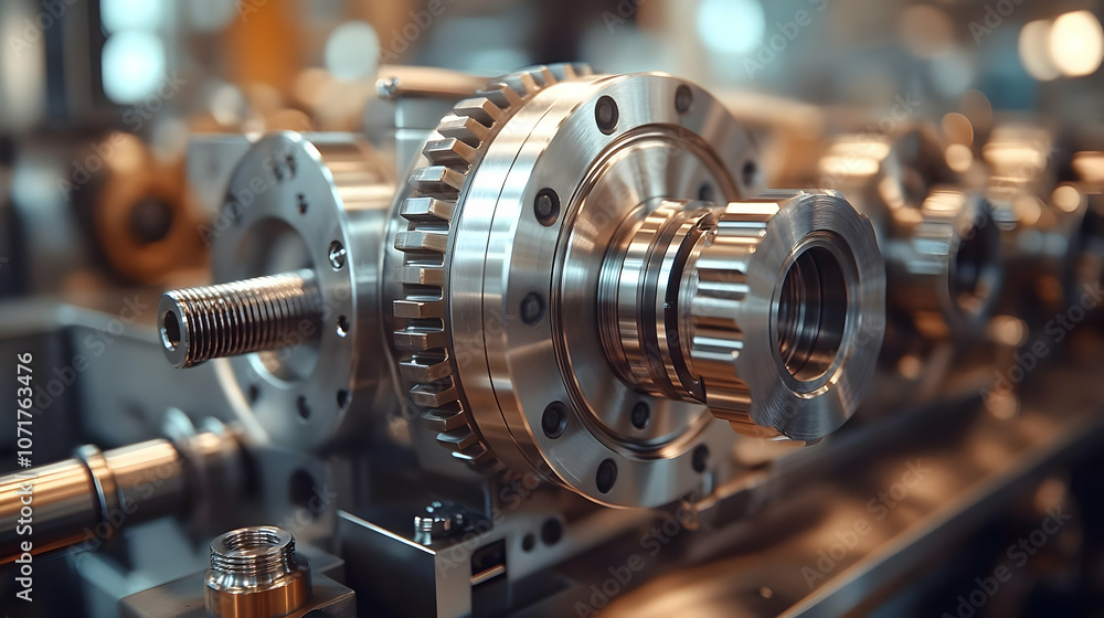 Poster closeup of shiny gear machine part - realistic image