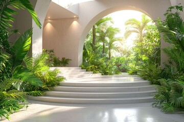 Fototapeta premium White Stone Steps Leading to a Tropical Garden Through an Archway
