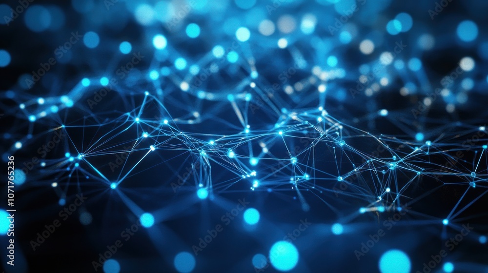 Poster abstract digital network with glowing blue nodes and connections, representing technology and data.