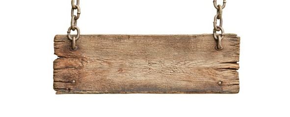 A wooden sign hanging from a chain