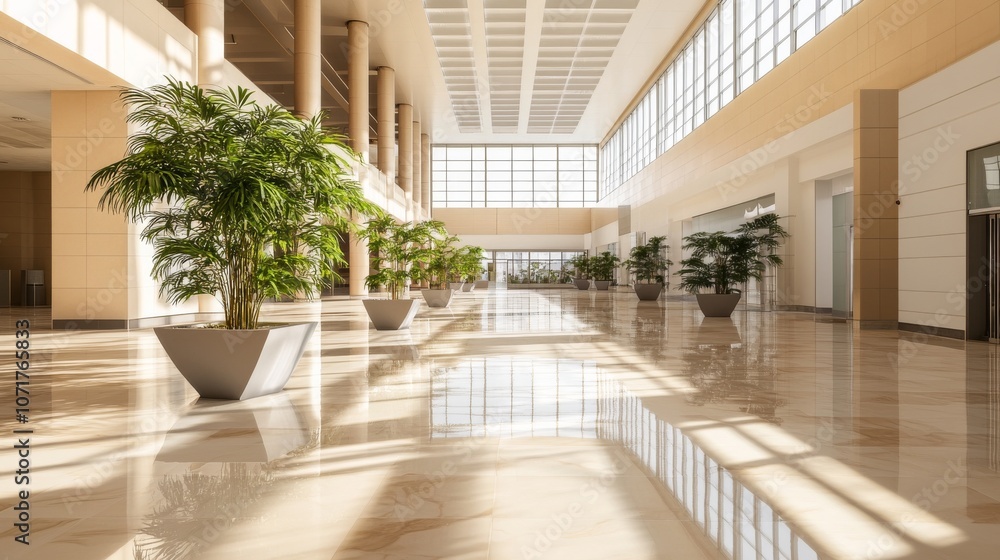 Poster a spacious and modern lobby or atrium with a clean and minimalist design.
