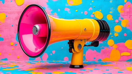 Yellow and Pink Megaphone on Colorful Splashes Background - 3D Illustration
