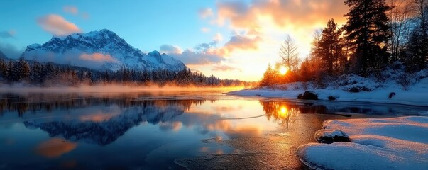 Mystic winter landscape with frozen lake, Winter Solstice renewal and peace, tranquil energy and reflection