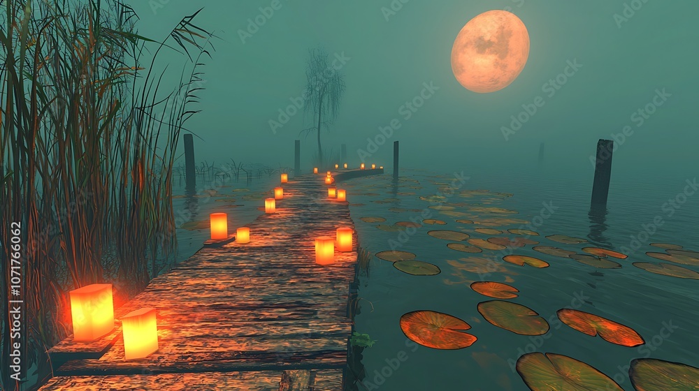 Aufkleber serene 3d rendering of a tranquil lake path illuminated by lanterns with lily pads under a misty ful