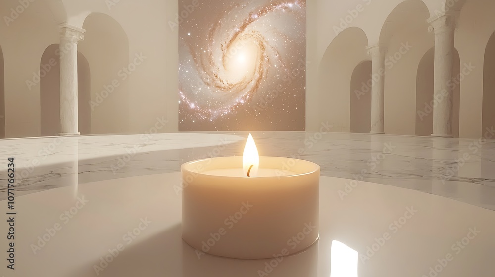 Poster 3d rendering of a melting candle transforming into a galaxy in a serene architectural space with sof