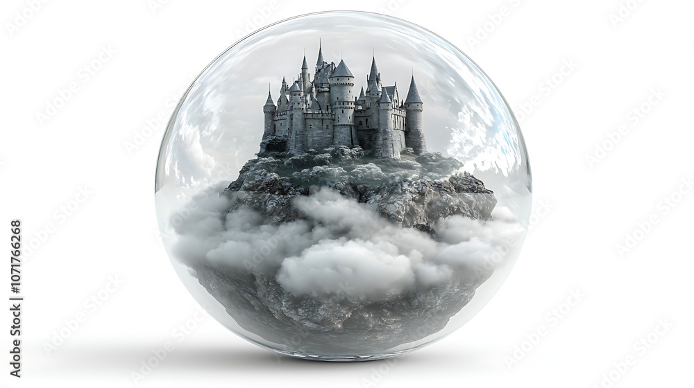 Aufkleber enchanting 3d rendering of a majestic castle floating on clouds within a glass sphere, evoking a dre