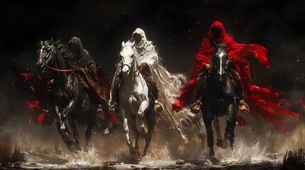 Fototapeta premium Four Horsemen of the Apocalypse - white for conquest, red for war, black for pestilence or famine, and pale for death - black background - desert landscape