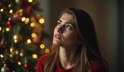 sad woman looks festive scene stress disappointment christmas time amidst decorated tree