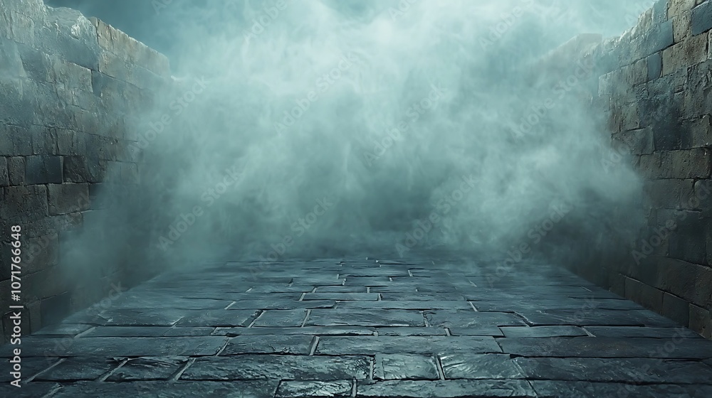 Aufkleber intriguing 3d rendering of a dark stone path surrounded by misty atmosphere, capturing the essence o