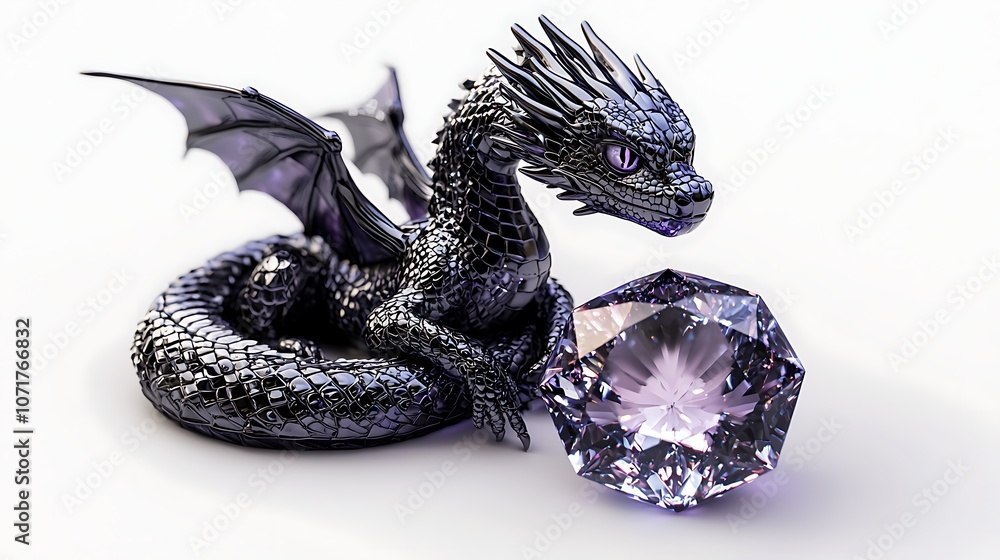 Poster stunning 3d rendering of a dragon curled around a glowing crystal with intricate details and texture