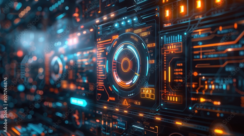 Poster a vibrant, futuristic interface with glowing circuits and control elements.