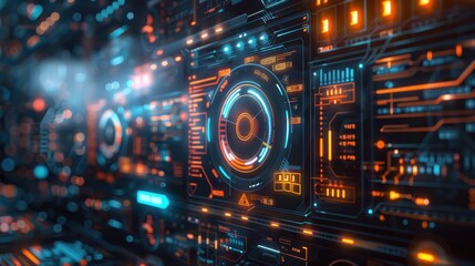 Obraz premium A vibrant, futuristic interface with glowing circuits and control elements.