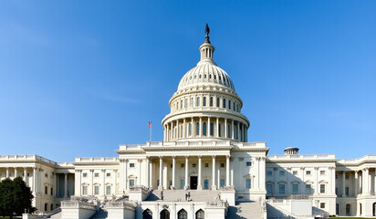 Obraz premium us congress building blue sky white flags stairs columns pillars scaffolding capitol hill